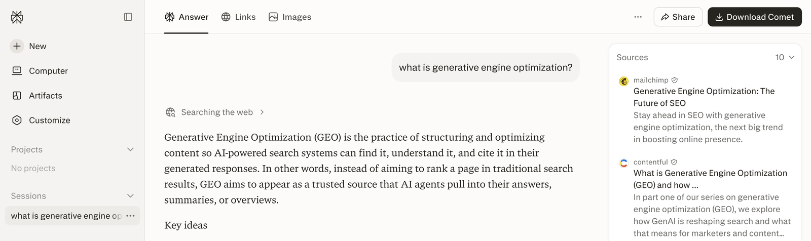 Perplexity answer for the query 'what is generative engine optimization?' with the Sources panel open on the right, showing 10 total sources including mailchimp.com and contentful.com