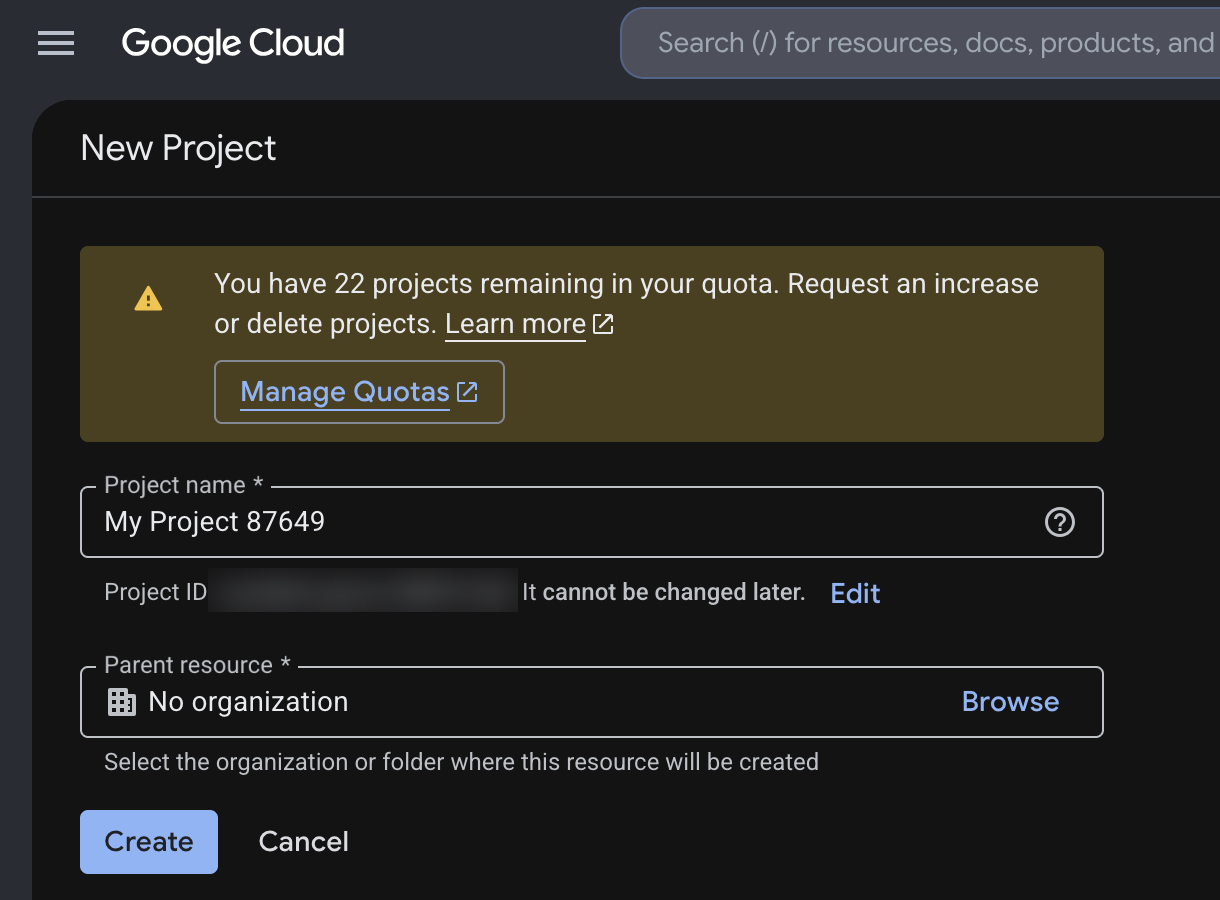 Google Cloud New Project form with a project name filled in and the Create button