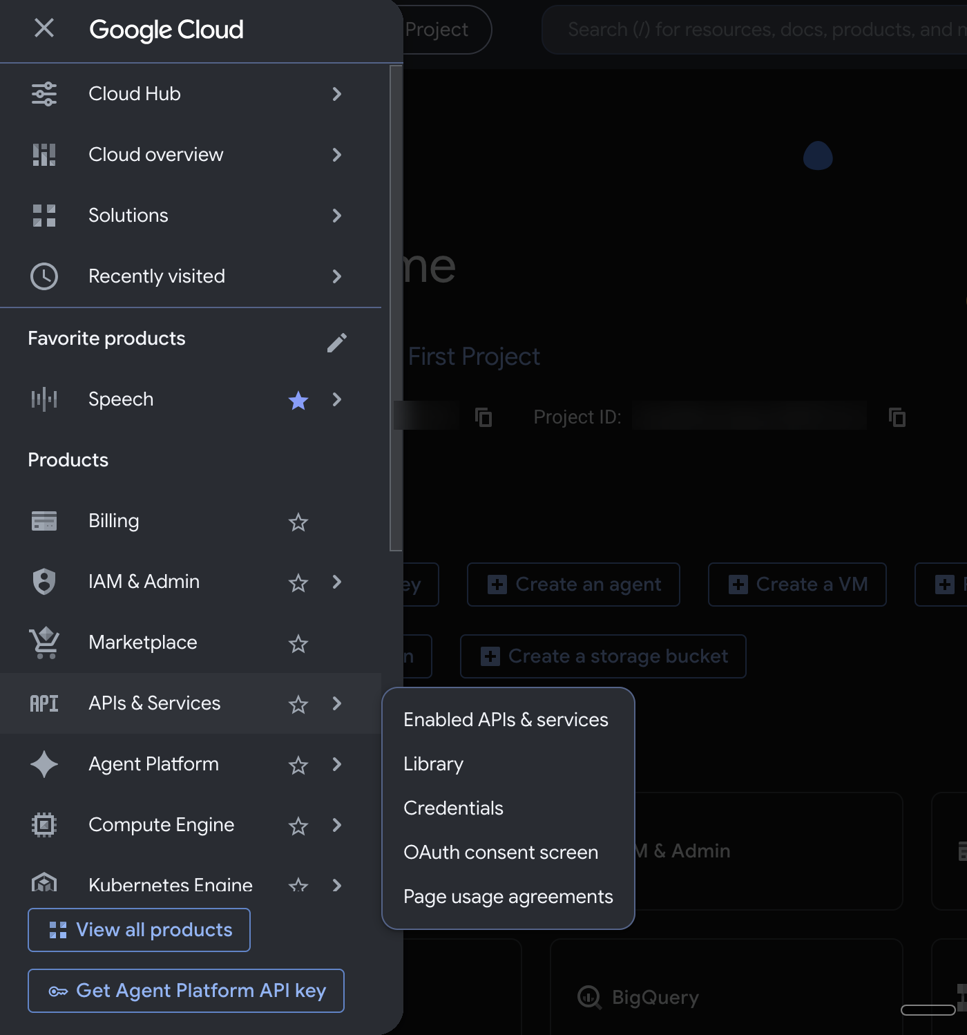 The Google Cloud console menu open on APIs and Services, showing Library and OAuth consent screen in the submenu