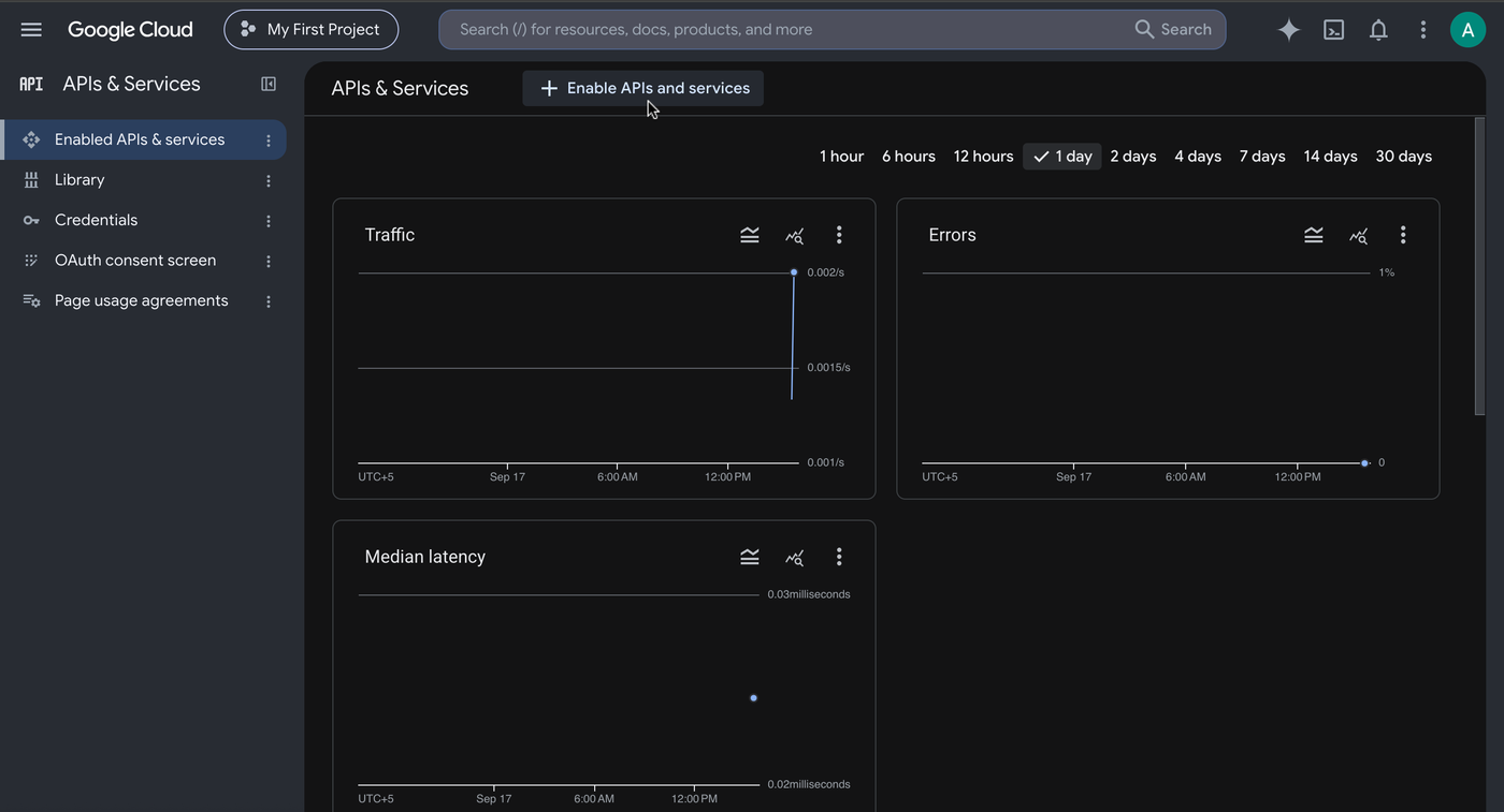 The APIs and Services page with the Enable APIs and services button at the top