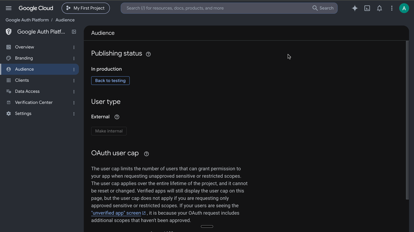 The Google Auth Platform Audience page showing publishing status In production and user type External