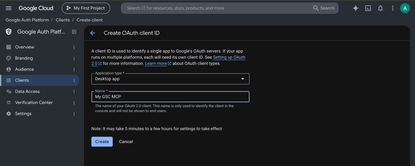 The Create OAuth client ID form with Desktop app selected and a name entered