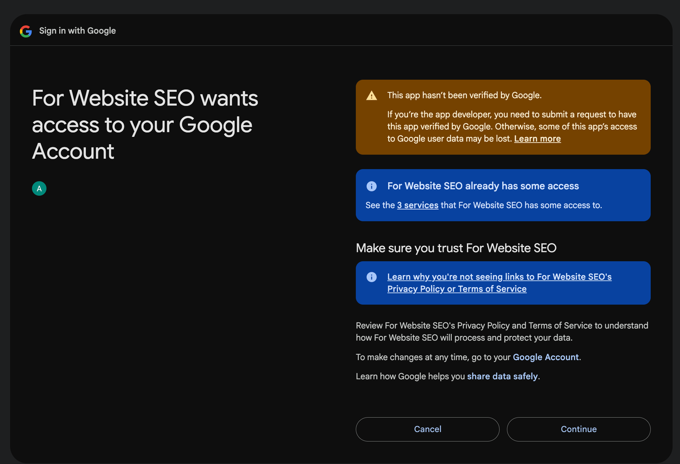The Google sign in consent screen asking to allow the app access, with a Continue button